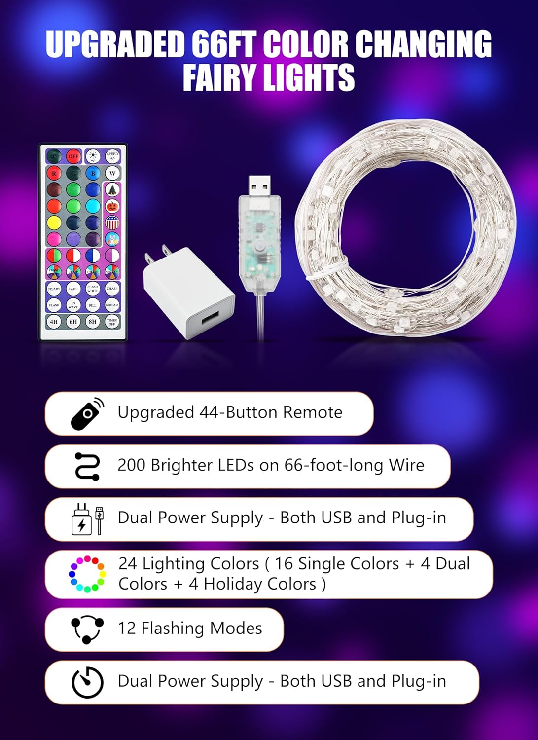Color Changing Fairy Lights - 66 FT, 200 LED, 24 Colors, USB