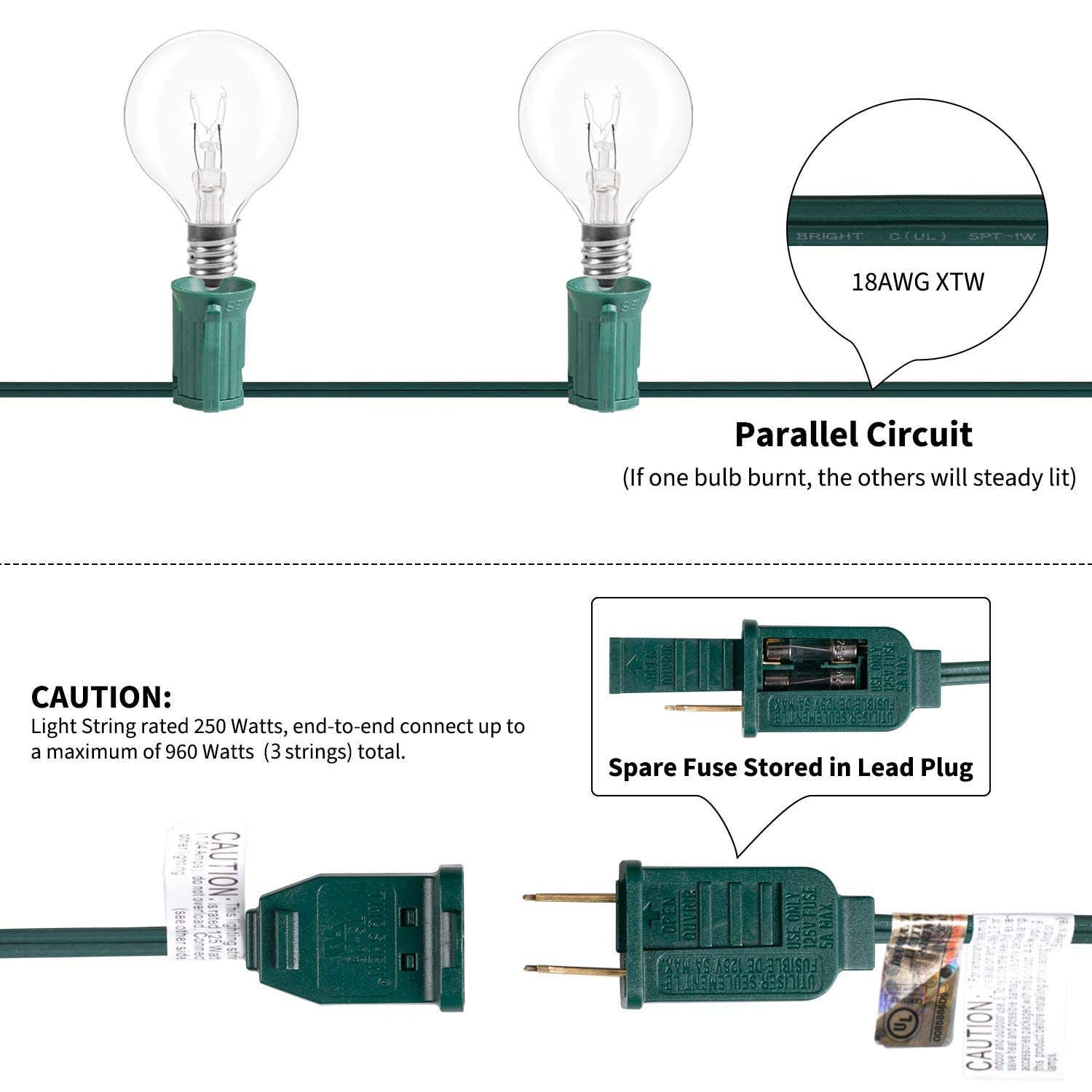 100 Feet / 100 Bulbs ( 4 spare ) / Green Wire