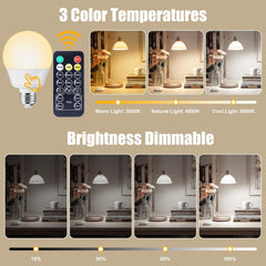 E26 Rechargeable Light Bulb with Remote, Timer & 3 Color Temperatures