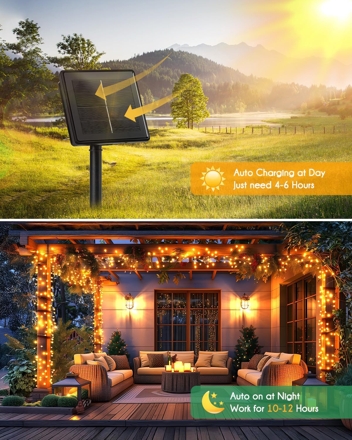 Solar String Lights - 19.6 FT, 240 LED, Warm White, Waterproof