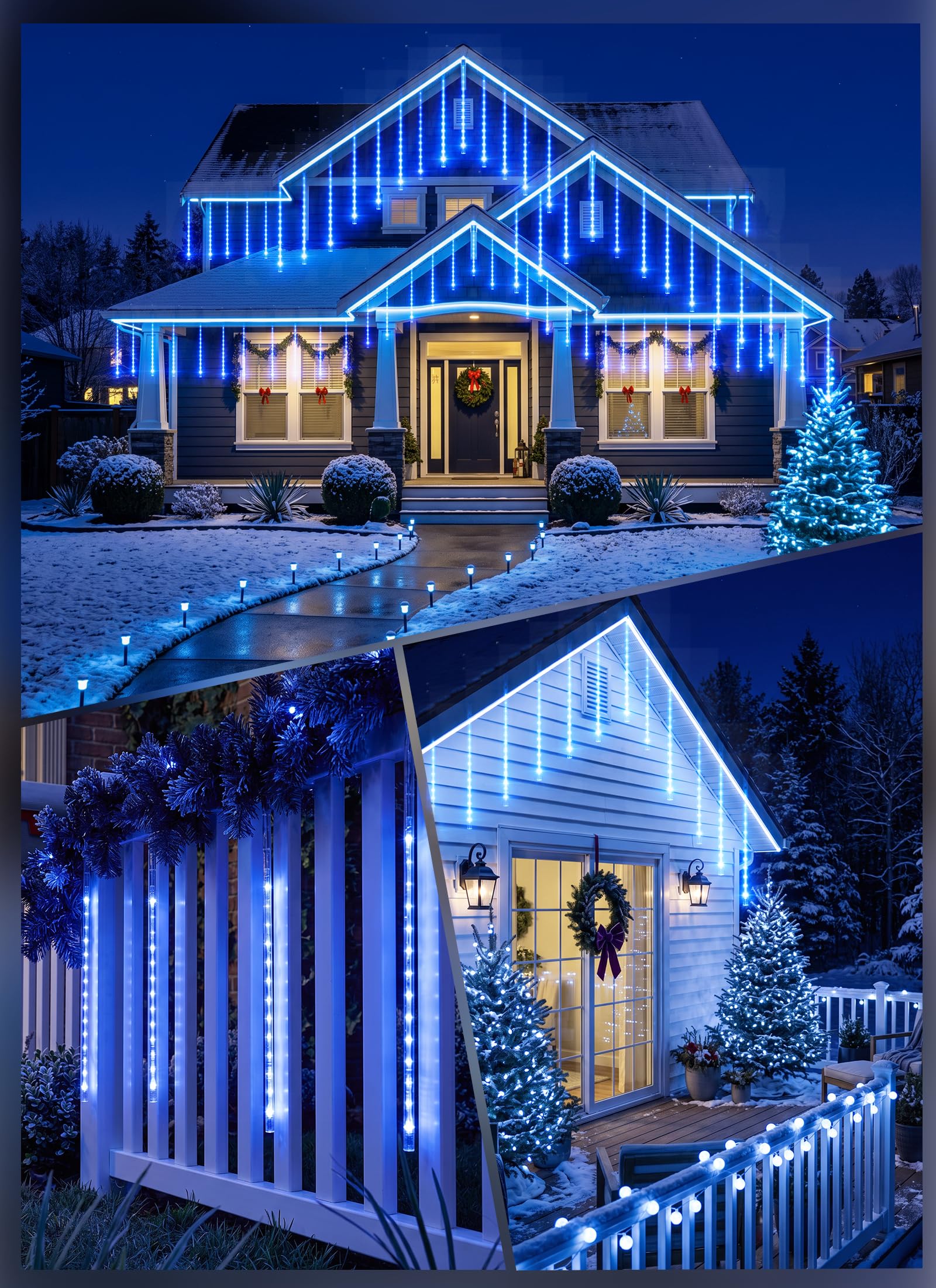 Solar Powered 16 Tube 384 LED Meteor Shower Icicle Lights for Christmas Party Decor, Blue