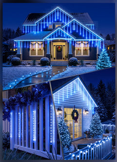 Solar Powered 16 Tube 384 LED Meteor Shower Icicle Lights for Christmas Party Decor, Blue