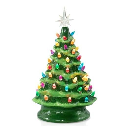 13 Inch Battery Operated Pre-lit Tabletop Ceramic Christmas Tree with Multicolored LED Lights, Green