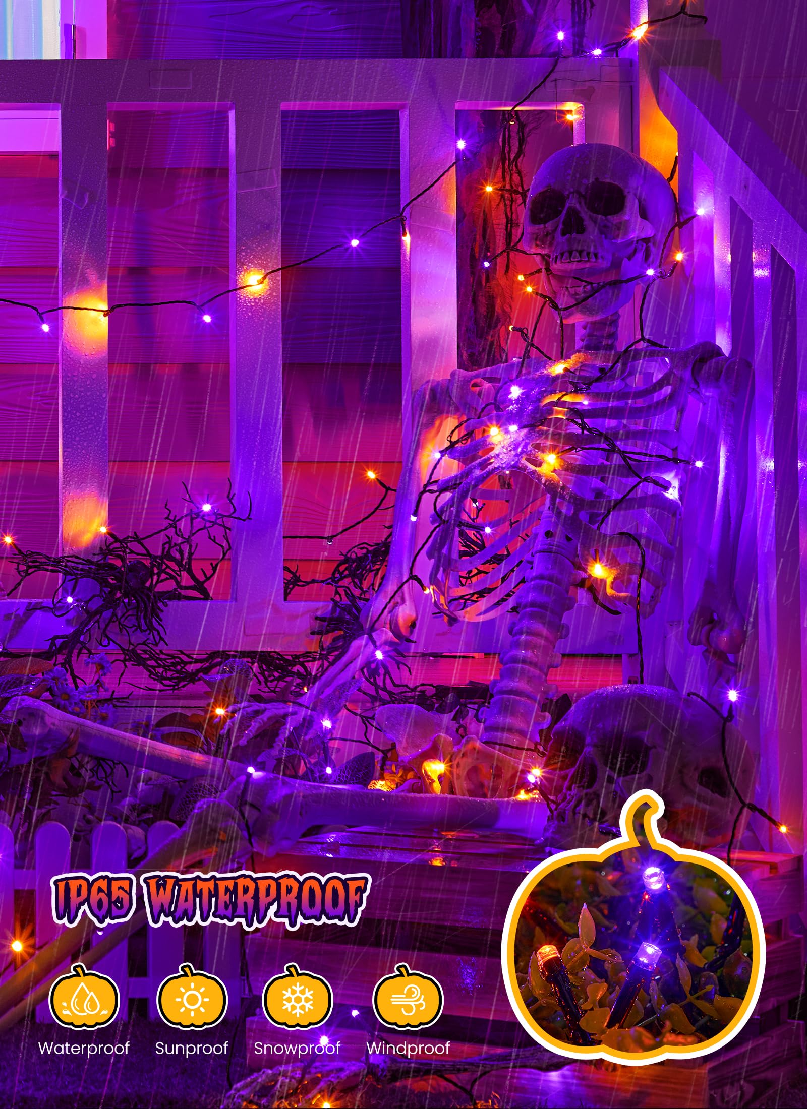 4 Pack Total 288ft 800 LED Solar Powered String Lights Outdoor, Orange & Purple, 8 Modes