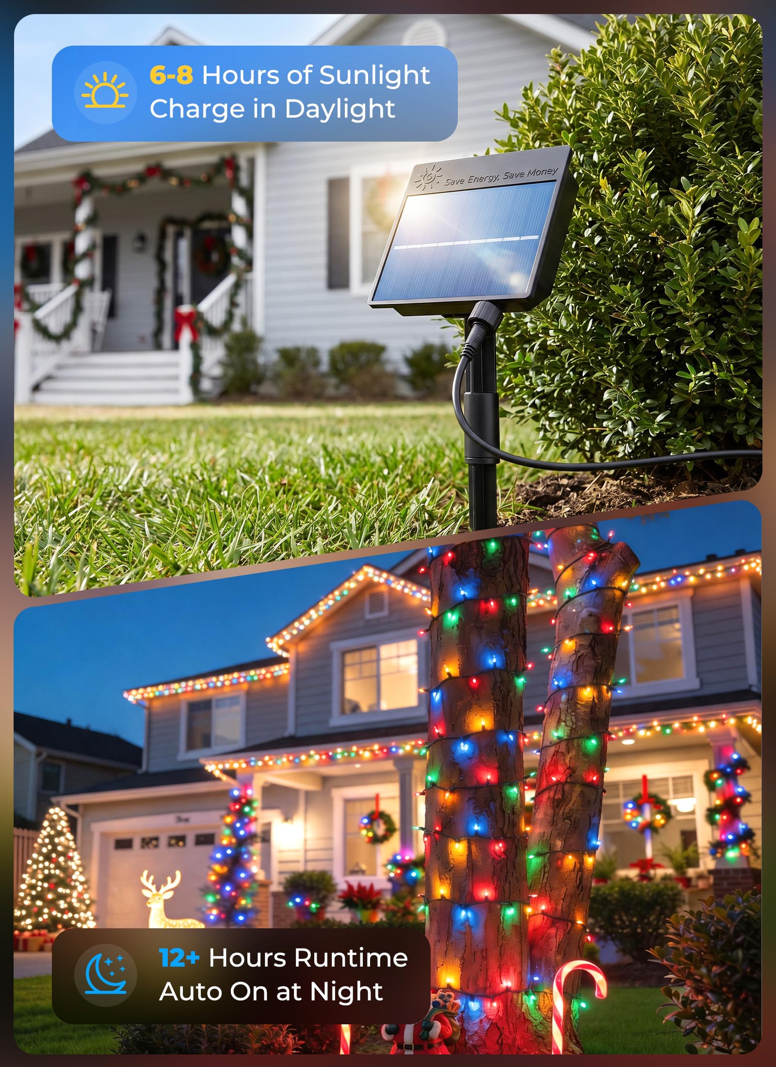 2Pack 78FT 200 LED  Solar Christmas Lights Outdoor, Multicolor, 8 Lighting Modes