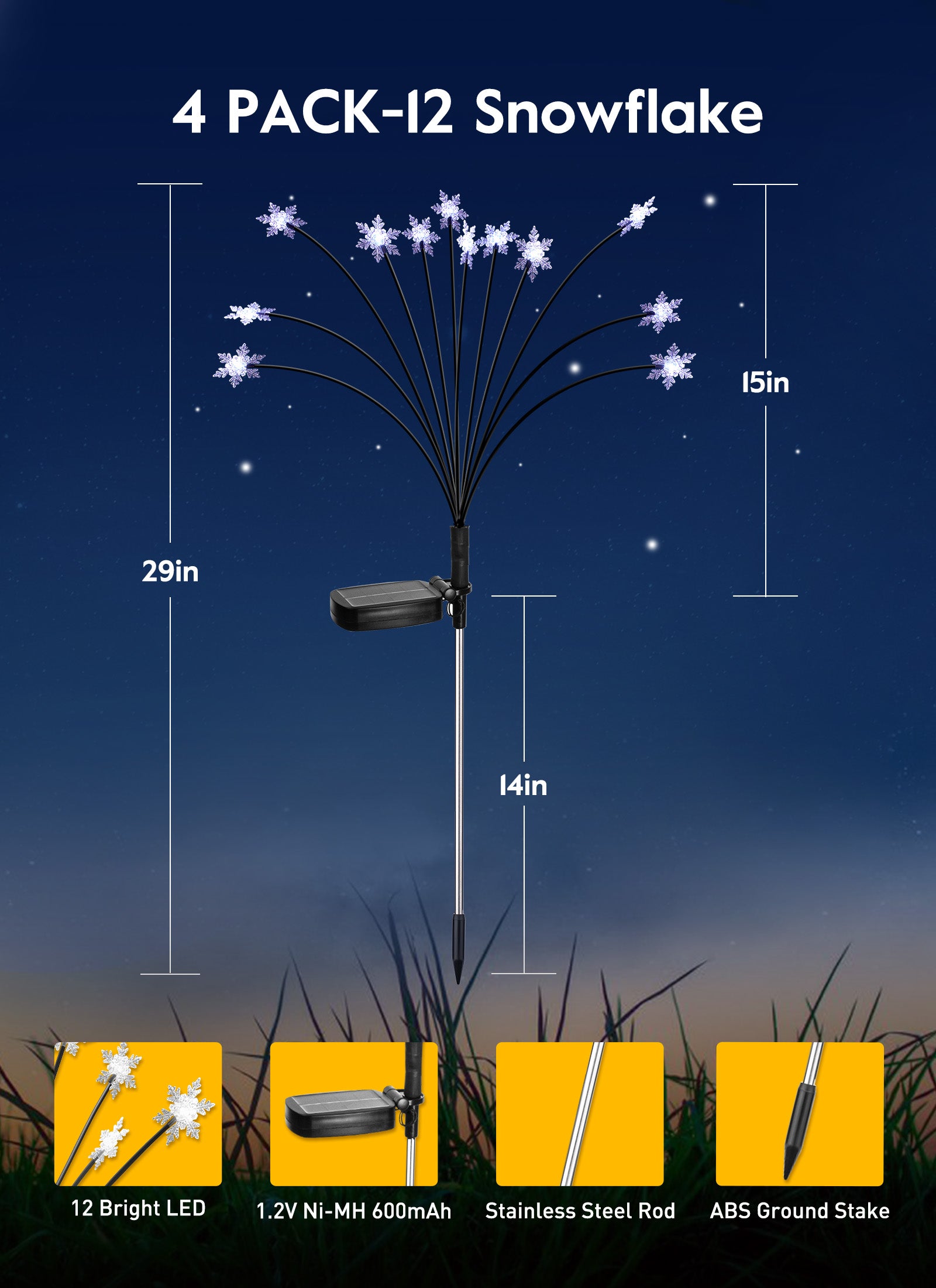 4-Pack Solar Snowflake Pathway Lights, Waterproof, Firefly, Cool White
