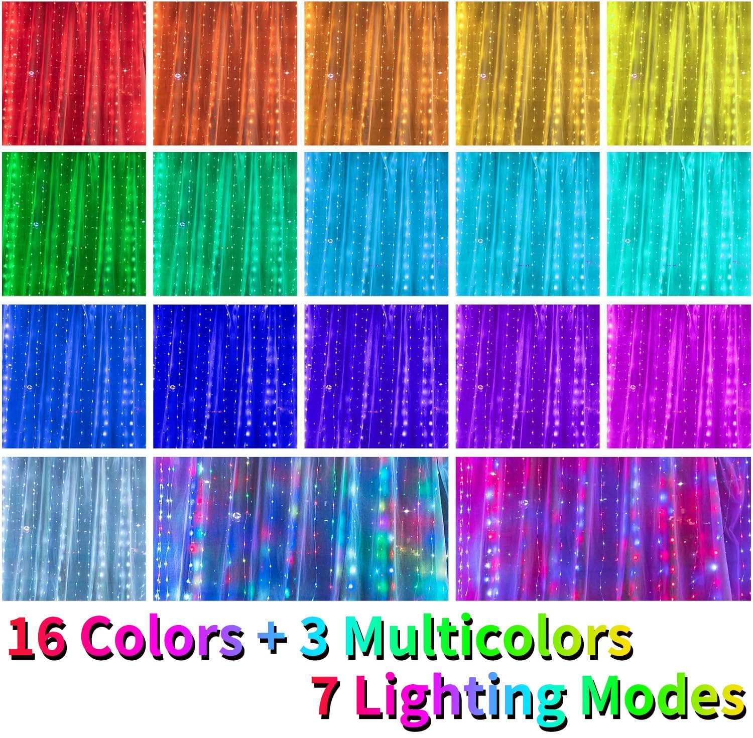 16 Colors Changing 400 LED 14.8 X 9.8 FT USB Plug in Curtain Fairy Lights with Remote & USB Adapter, 7 Modes