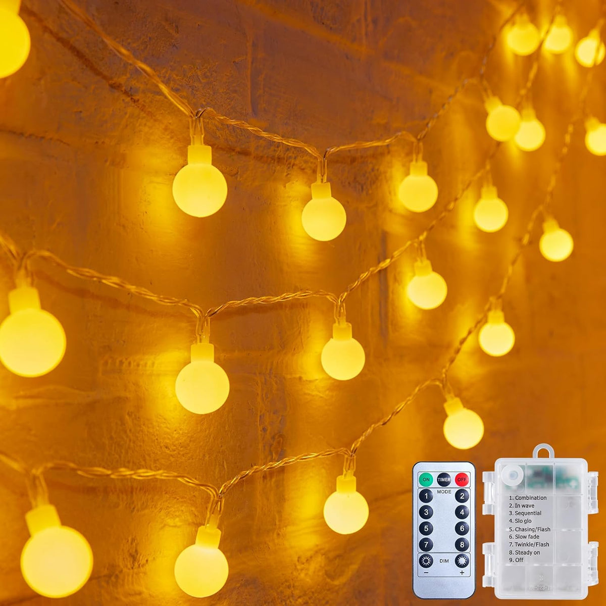 Battery Operated Globe String Lights - 120 LED, Waterproof, Remote Control