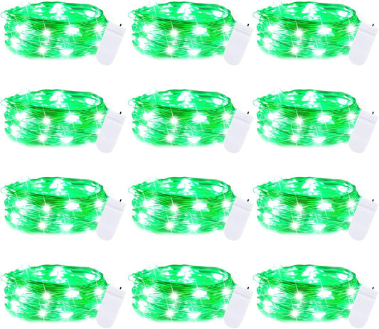 12 Pack 7FT 20 LED Battery Operated Silver Wire Firefly Starry Moon Lights for St. Patrick's Day, Green