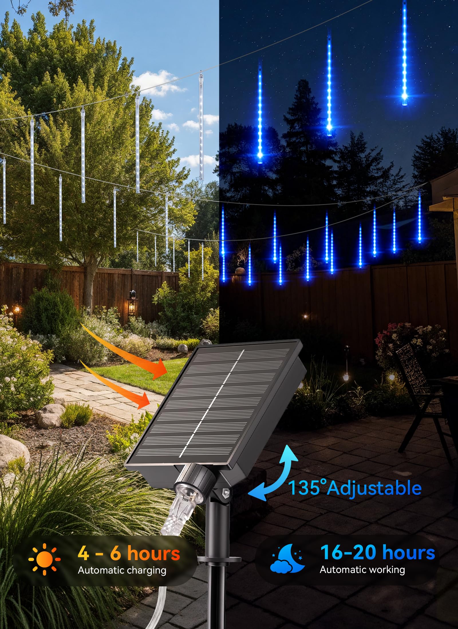 Solar Powered 16 Tube 384 LED Meteor Shower Icicle Lights for Christmas Party Decor, Blue