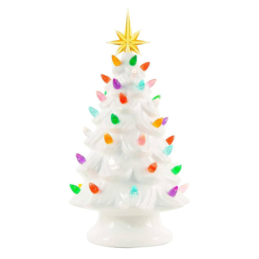 13 Inch Battery Operated Pre-lit Tabletop Ceramic Christmas Tree with Multicolored LED Lights, White