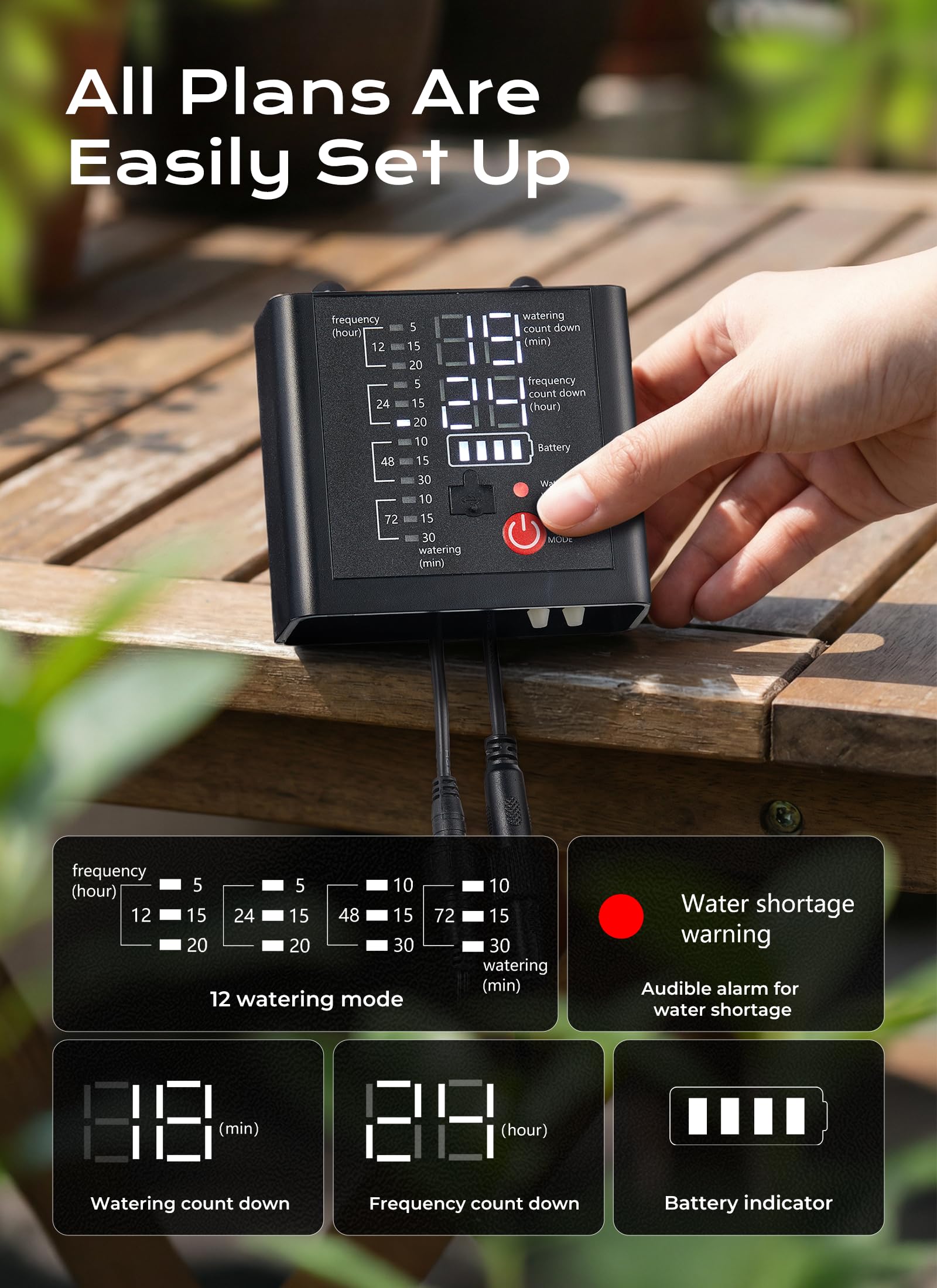 49ft Solar Powered Automatic Watering Drip Irrigation System with USB Charging for 15 Potted Plants, Black