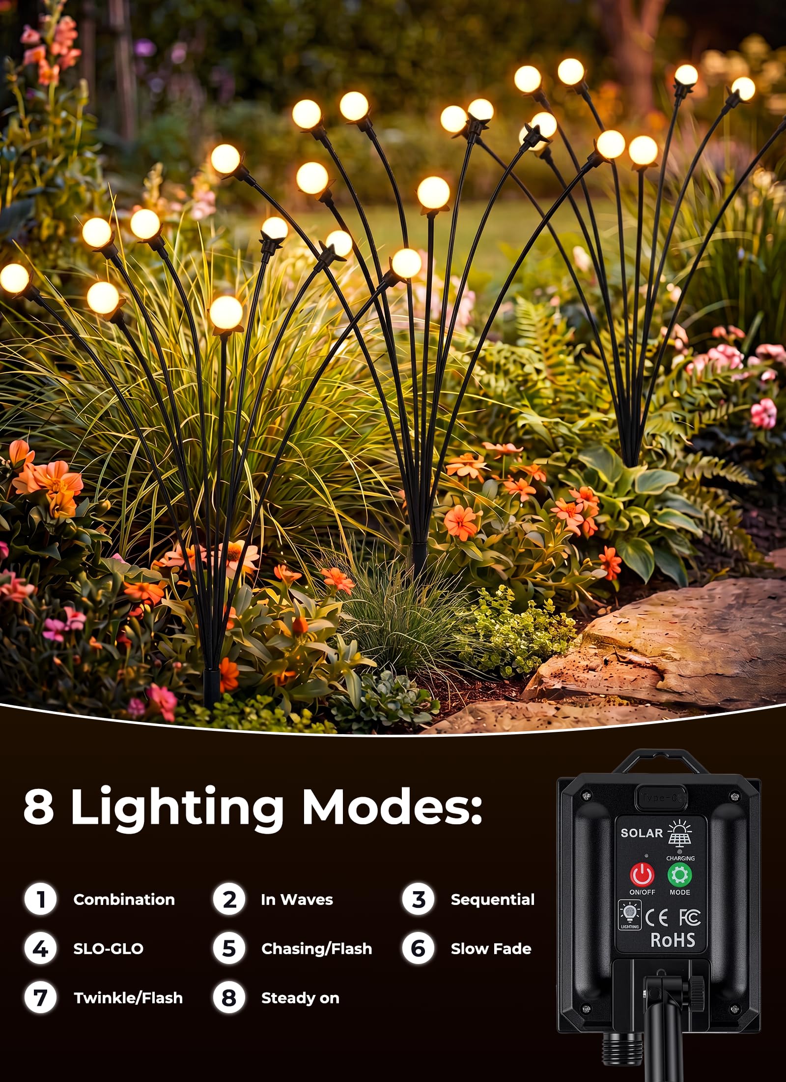 4 Pack 32 LED Firefly Solar Powered Stake Lights for Garden Yard Pathway,Warm White