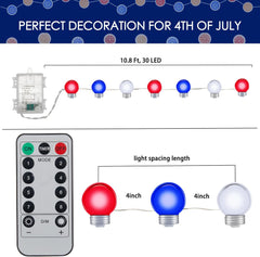 4th of July Decoration Lights - 10.8FT 30 LED Red White Blue