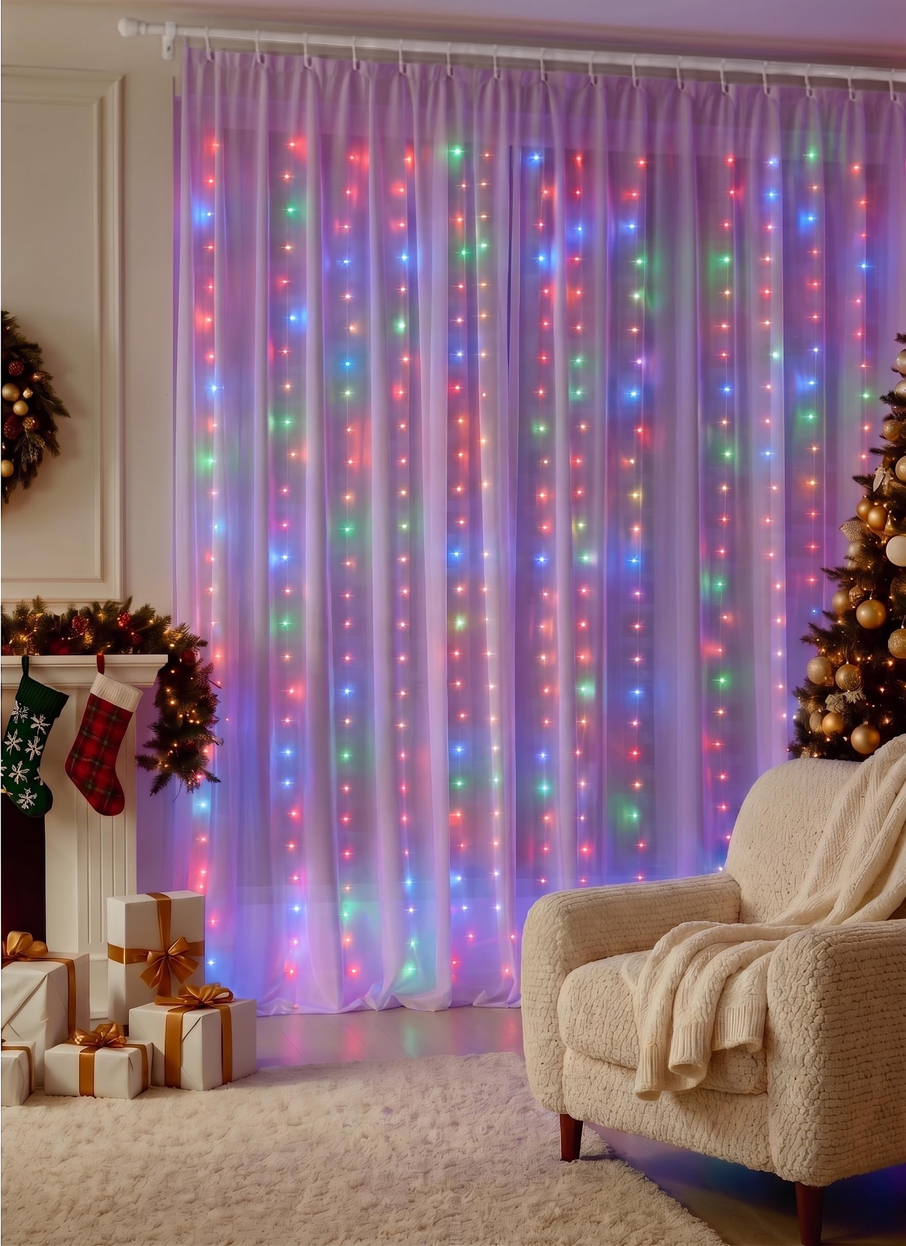 300 LED 9.8 FT USB Plug in Curtain Fairy Lights with Remote & USB Adapter, 8 Modes, Multicolor