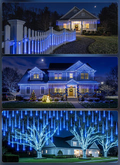 Solar Powered 16 Tube 384 LED Meteor Shower Icicle Lights for Christmas Party Decor, Blue