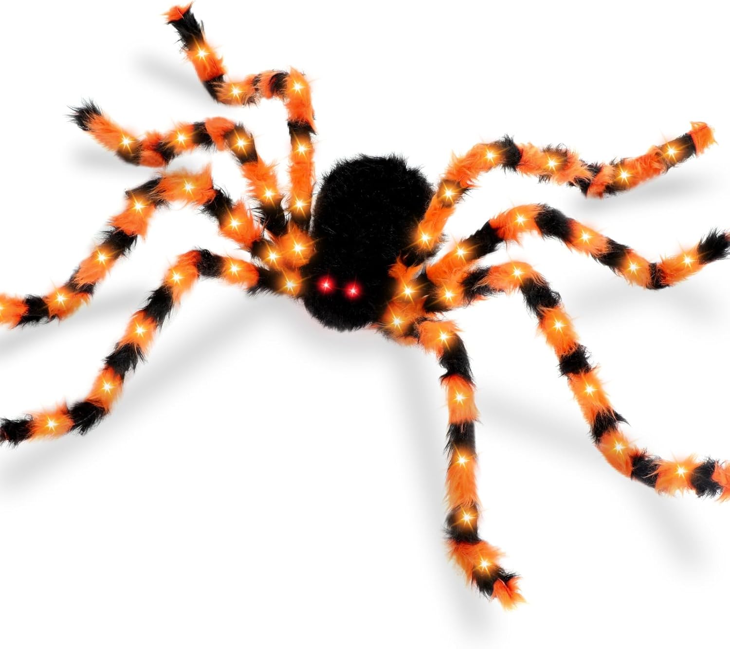 4.9 ft 38 LED Battery Oprated Light Up Black Hairy Giant Spider Halloween Decorations, Orange