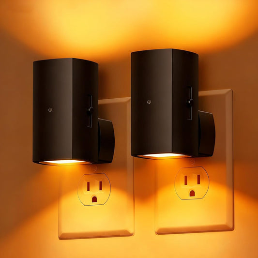 2 Pack Black Plug in Night Lights with Rotating Plug & Light Sensor for Bathroom Bedroom, Amber Light