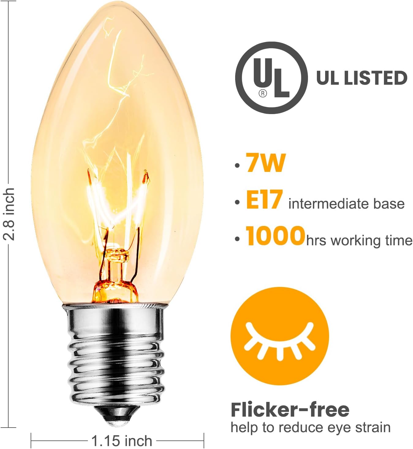 25PCS Incandescent Christmas C9 Replacement Light Bulbs, E17 Intermediate Base, 7 Watt, Clear