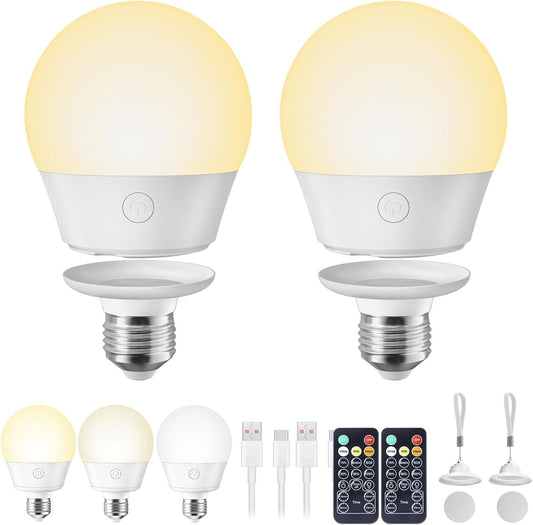 2 Pack E26 Rechargeable Backup Light Bulb with Remote for Sconces Lamps, 3 Color Temperatures, 700LM