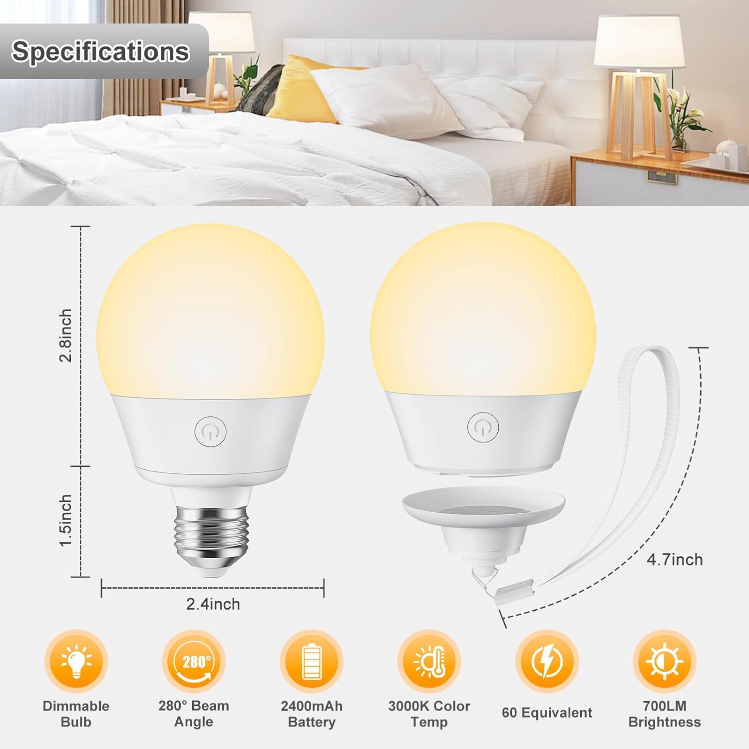 2 Pack E26 Rechargeable Backup Light Bulb with Remote for Sconces Lamps, 3 Color Temperatures