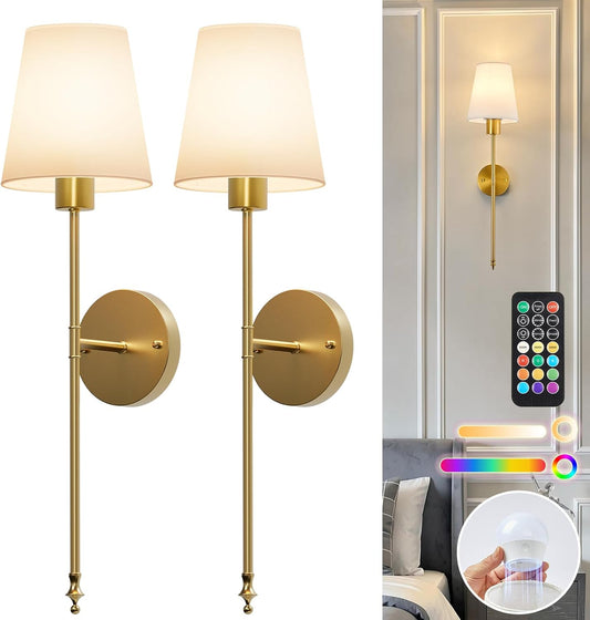 2 Pack Battery Operated Wireless Rechargeable Wall Sconce Lamp Lights for Bedroom, 12 Colors