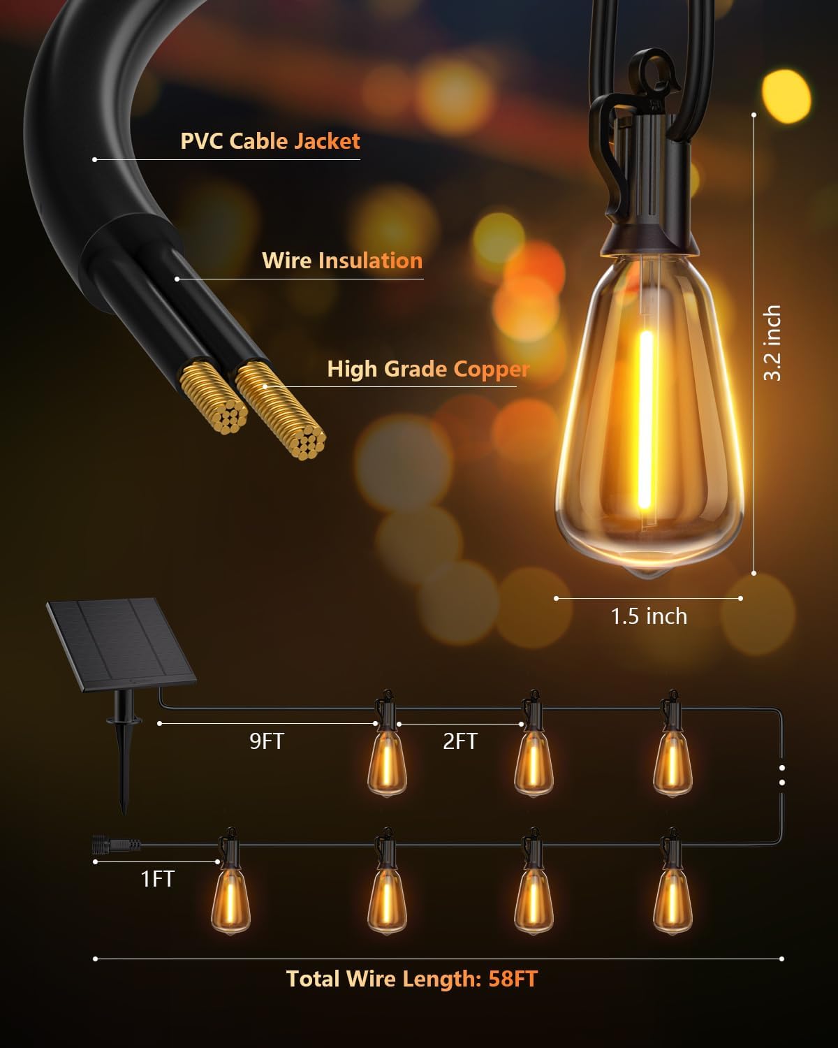 58FT Solar Powered 25+1 LED Shatterproof Bulbs String Lights Outdoor for Garden Patio Decor