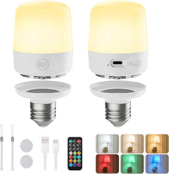 2 Pack E26 Rechargeable 2300mAh Light Bulbs with Remote for Lamps, Timer & 12 Colors
