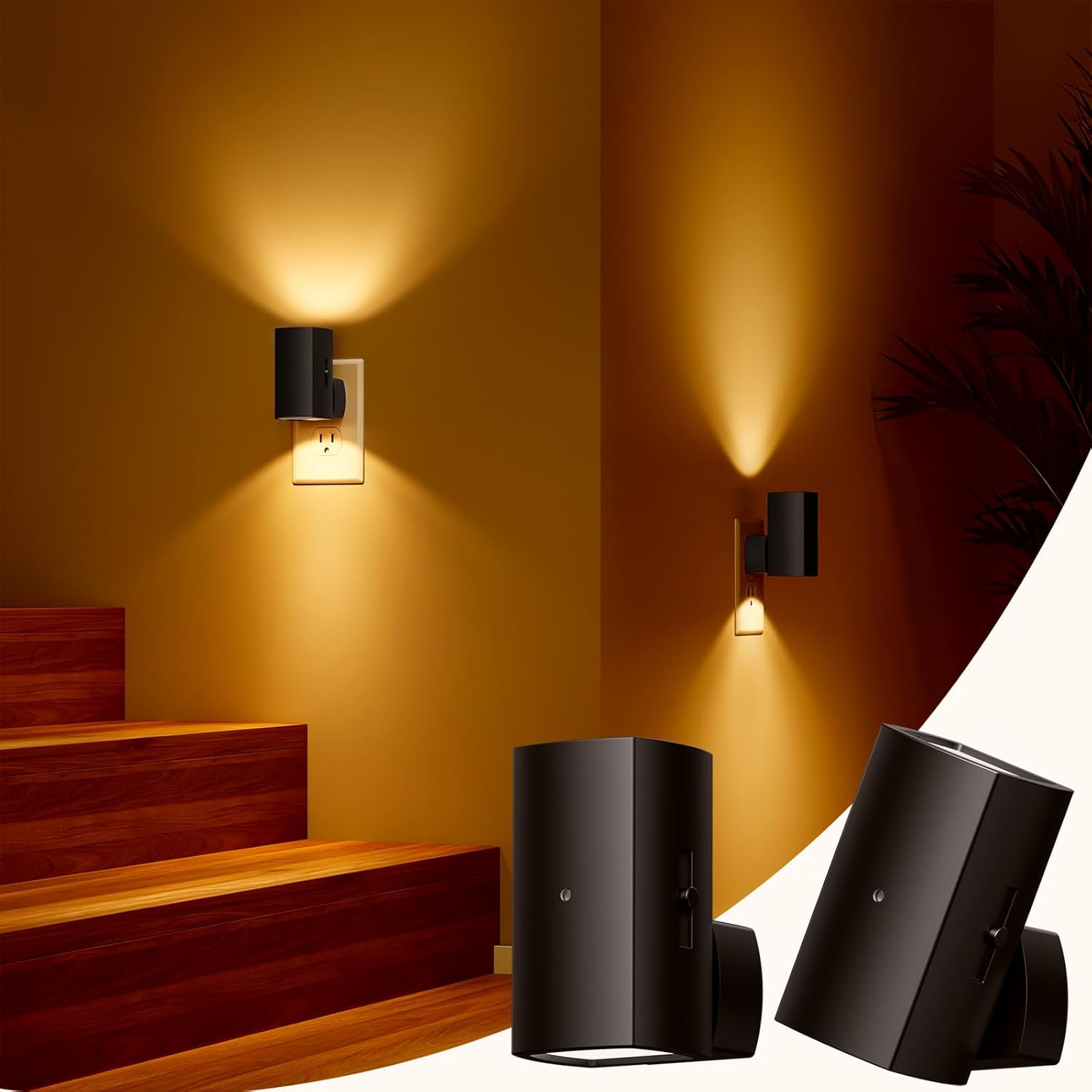2 Pack Black Plug in Night Lights with Rotating Plug & Light Sensor for Bathroom Bedroom, Amber Light