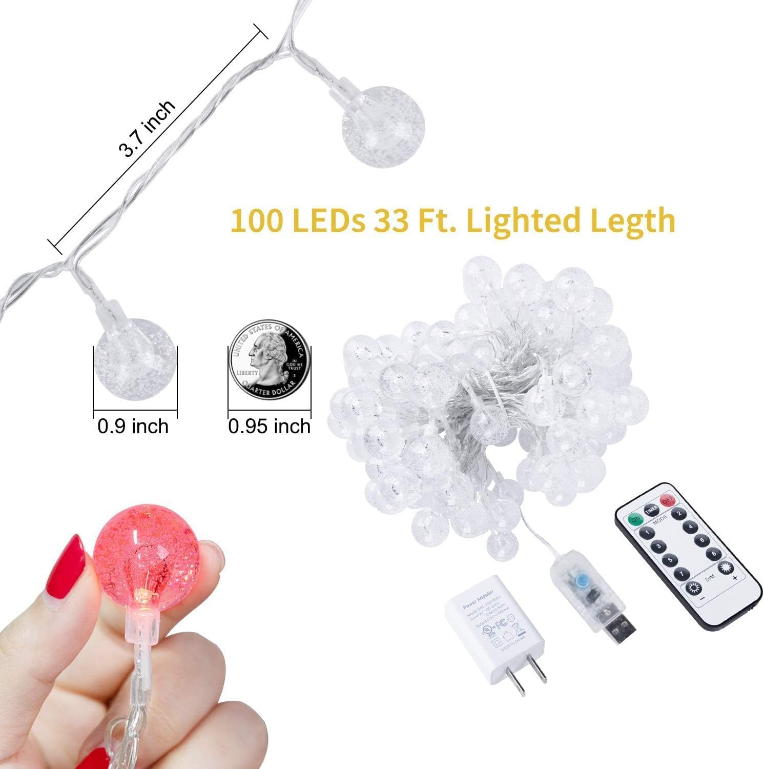 33ft 100 LED USB Plug in Crystal Globe Fairy Lights with Remote, 8 Modes, Warm White and Multicolor