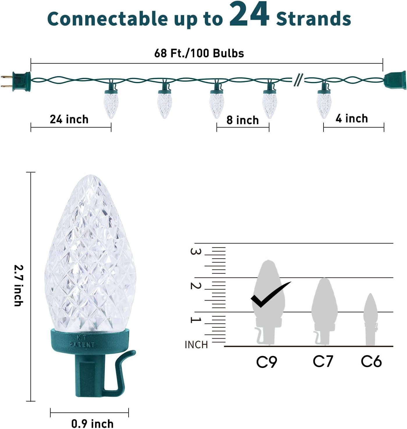 68Ft Plug in 100 LED C9 Christmas String Lights with Quick Clips for Roofline Porch Decor, Pure White
