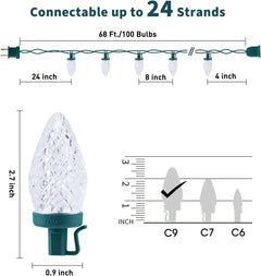 68Ft Plug in 100 LED C9 Christmas String Lights with Quick Clips for Roofline Porch Decor, Pure White