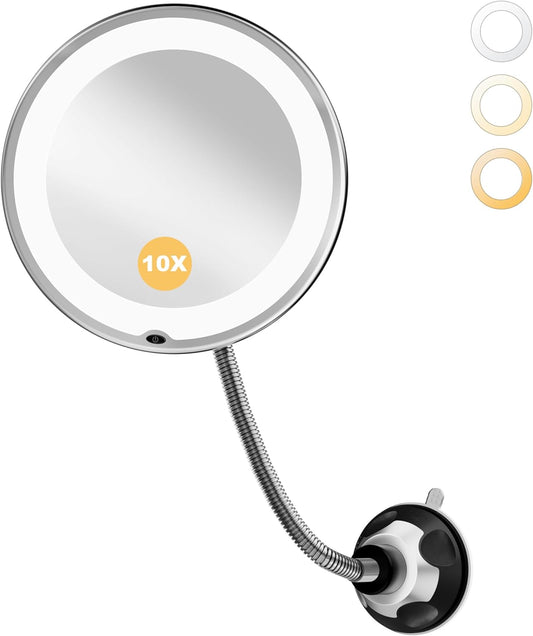 Flexible Gooseneck Battery Operated 10x Makeup Mirror with Lights and Magnification, Black