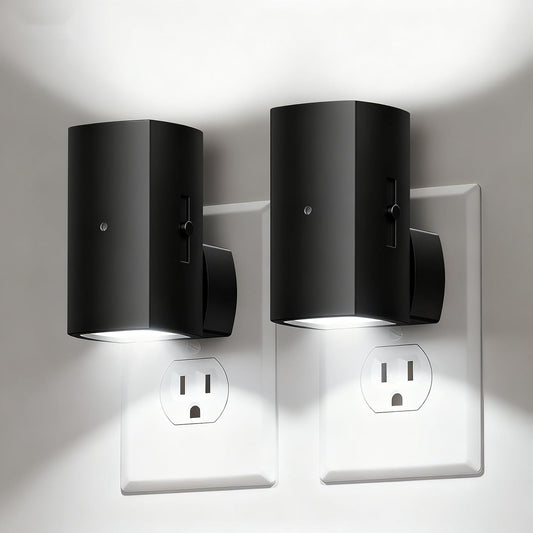 2 Pack Black Plug in Night Lights with Rotating Plug & Light Sensor for Bathroom Bedroom, Pure White Light