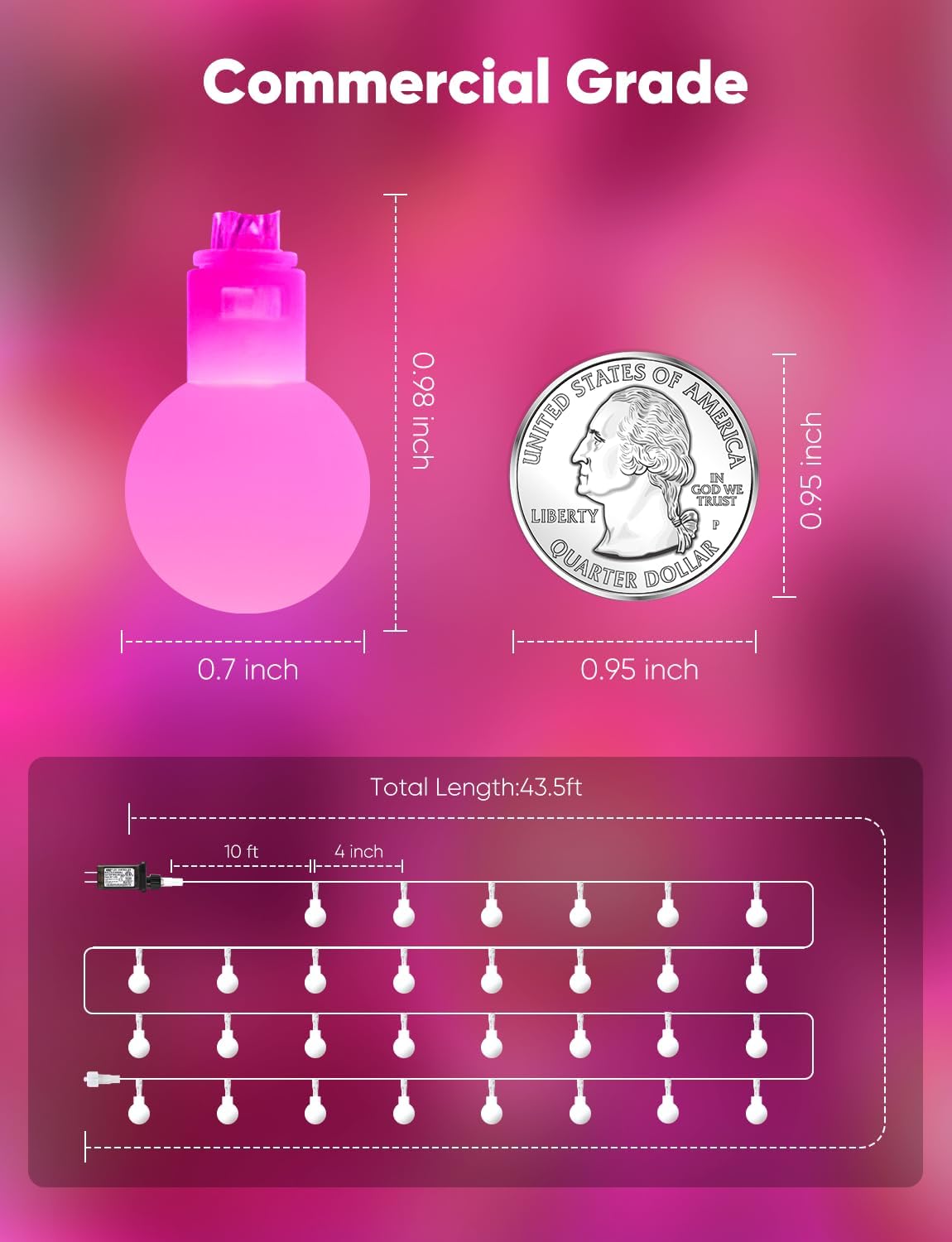 33ft 100 LED Plug In Mini Globe Fairy String Lights for Valentine Decor, 8 Modes, Pink