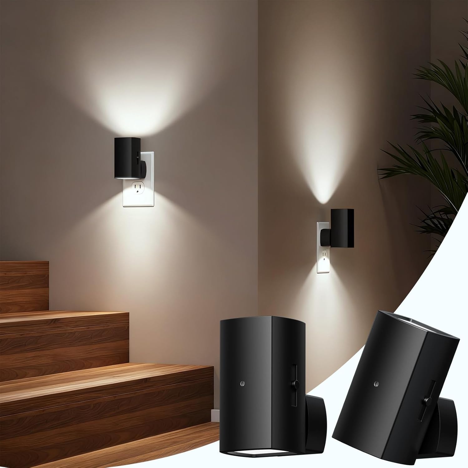 2 Pack Black Plug in Night Lights with Rotating Plug & Light Sensor for Bathroom Bedroom, Pure White Light