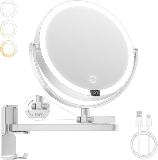 4000mAh Rechargeable Wall Mounted Lighted Makeup Mirror, 3 Color Lights & Smart LED Digital Display