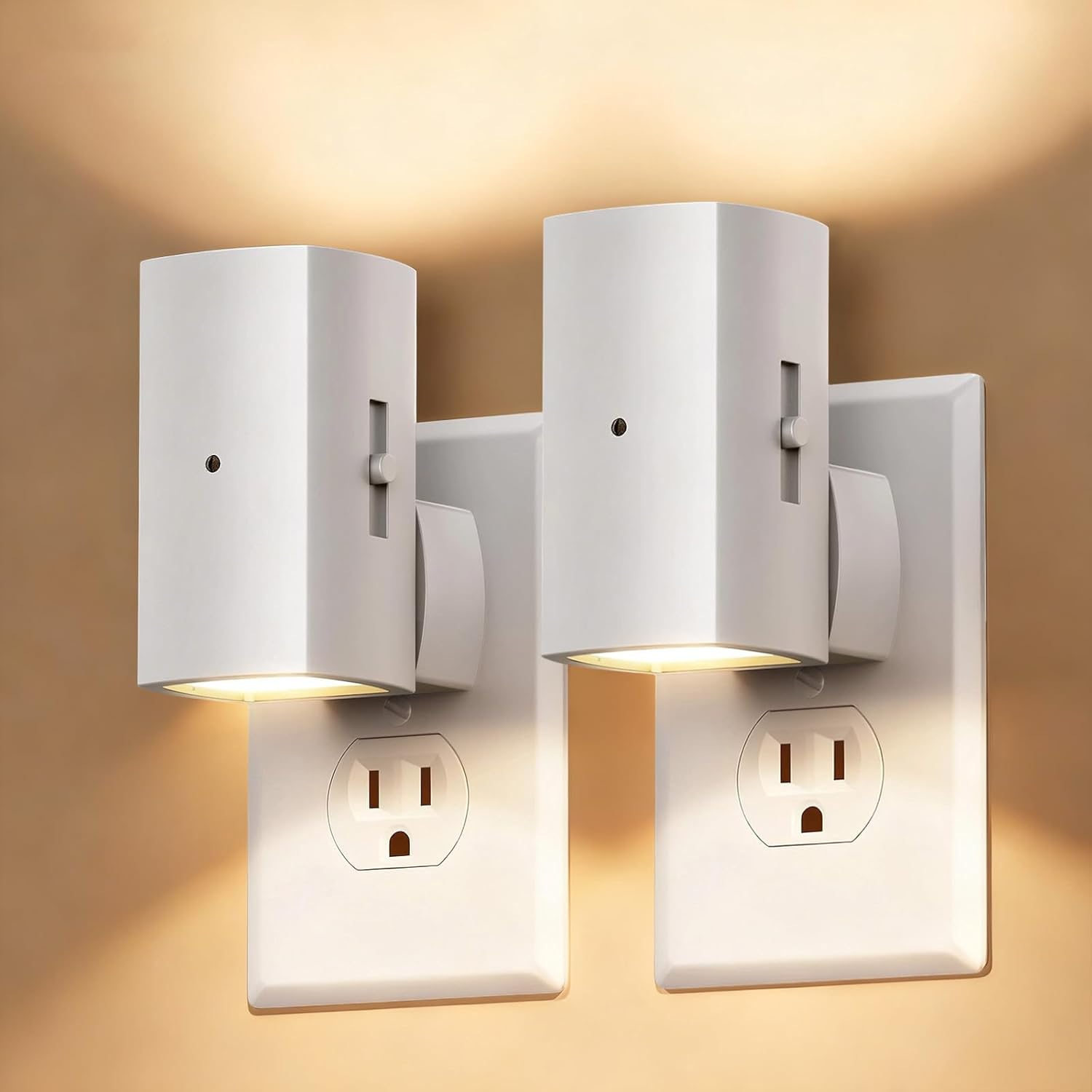 2 Pack White Plug in Night Lights with Rotating Plug & Light Sensor for Bathroom Bedroom, Warm White Light