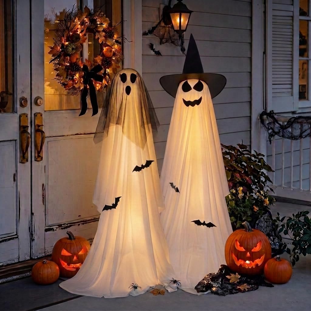 2 Pack Battery Operated Light Up Halloween Veil & Witch Hat Ghosts Decorations Outdoor