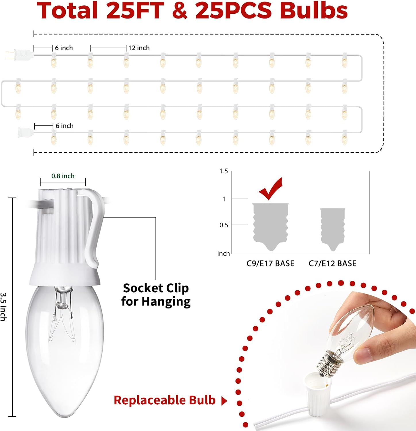 25Ft Plug in 25 Warm White C9 LED Bulbs String Lights for Christmas Pathway, White Wire