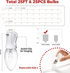 25Ft Plug in 25 Warm White C9 LED Bulbs String Lights for Christmas Pathway, White Wire