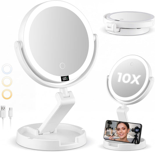 Rechargeable Foldable 1X & 10X Magnification Makeup Mirror with Lights and Smart Battery Display