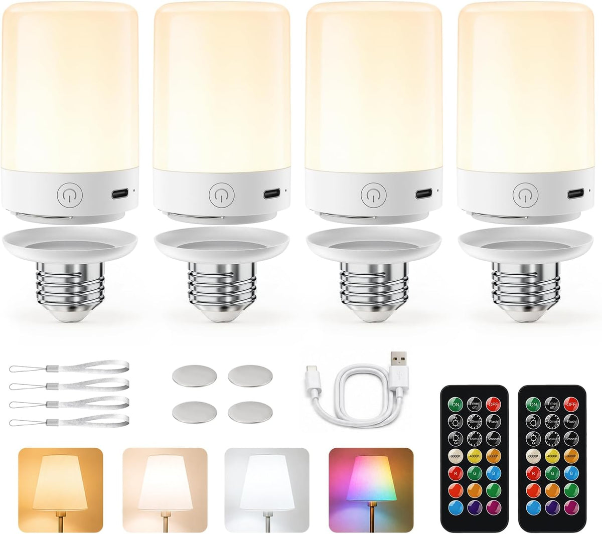 4 Pack E26 Rechargeable 5200mAh Light Bulbs with Remote for Lamps, Timer & 9 RGB Colors