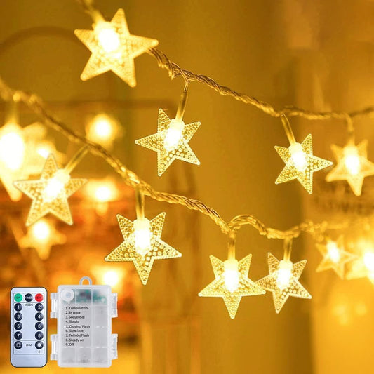17 ft 50 LED Battery Operated Star String Lights with Remote and Timer, Warm White