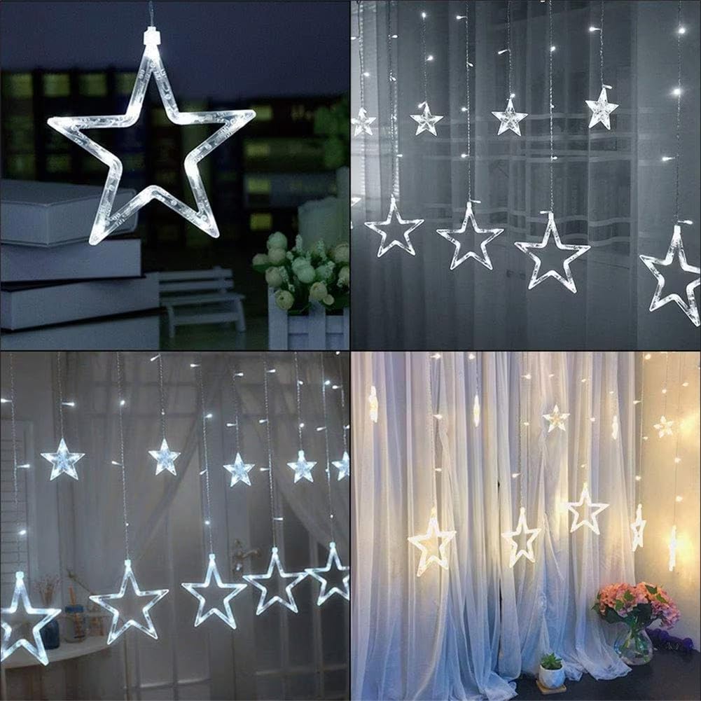 Plug In 9ft 138 LED 12 Star Drops Christmas Window Lights with Remote, 8 Modes, White