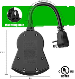 Waterproof Outdoor Light Timer - 24H, 2/4/6/8H Countdown, 3 Outlets