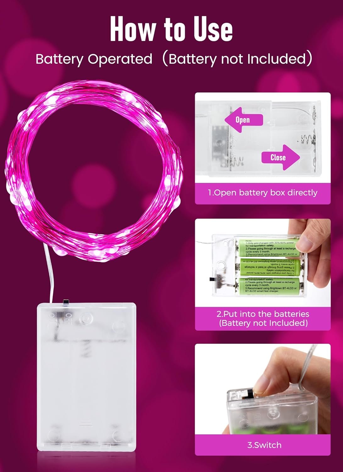 Fairy Lights - 33 FT, 100 LED, Pink, Waterproof, Battery Operated