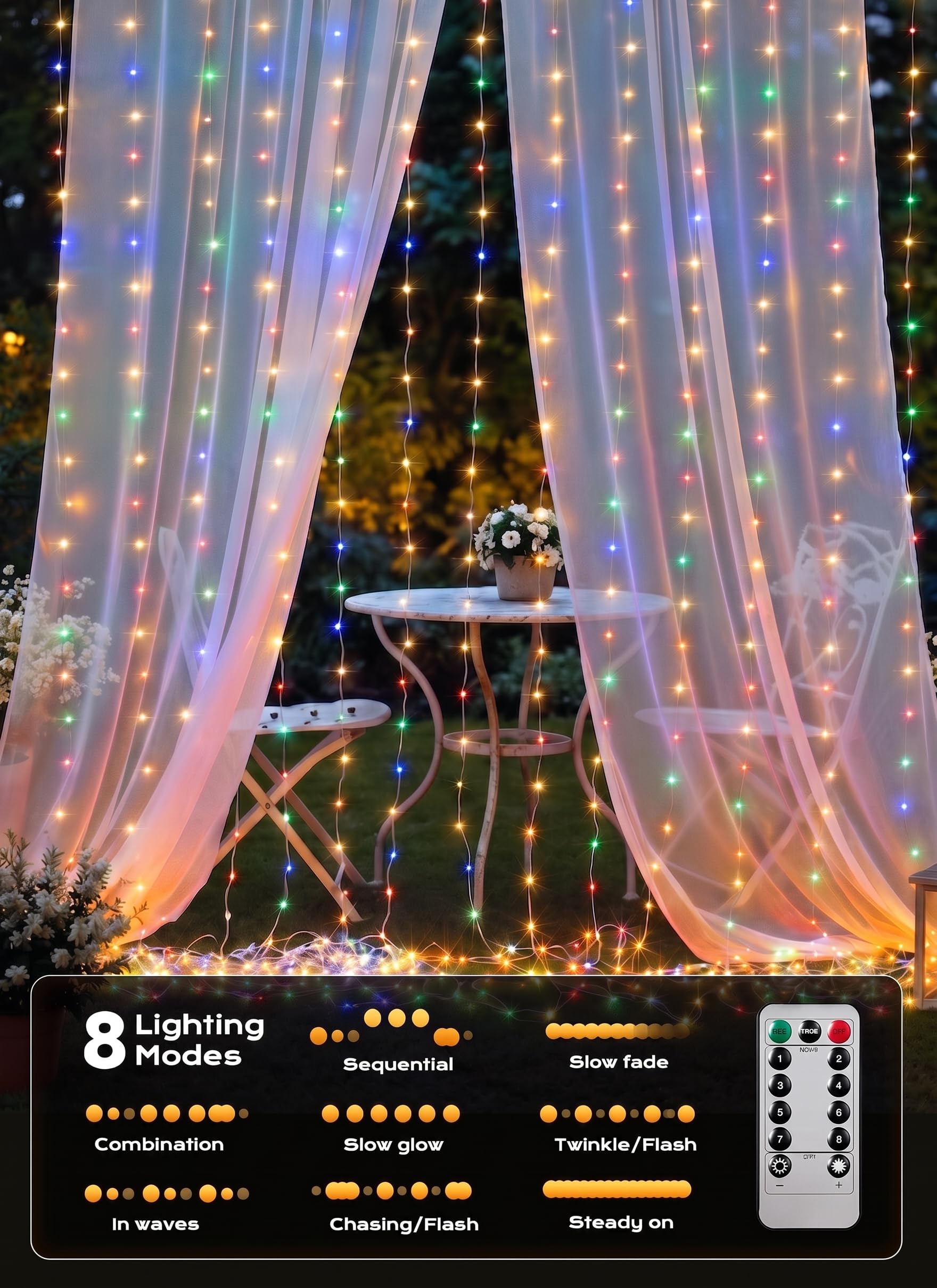 300 LED 9.8 FT USB Plug in Curtain Fairy Lights with Remote & USB Adapter, 8 Modes, Multicolor