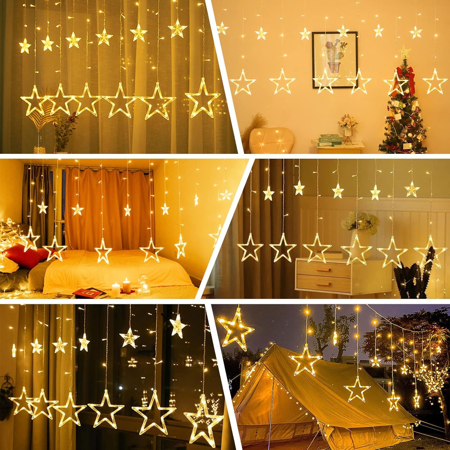 Plug In 9ft 138 LED 12 Star Drops Christmas Window Lights with Remote, 8 Modes, Warm White