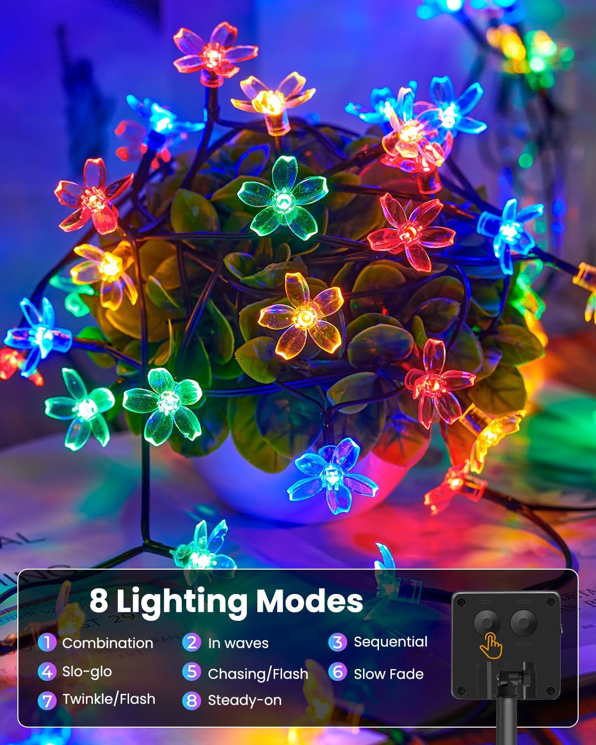 4 Pack 60 LED Flowers Solar String Lights for Garden Yard Fence Patio, Multicolor